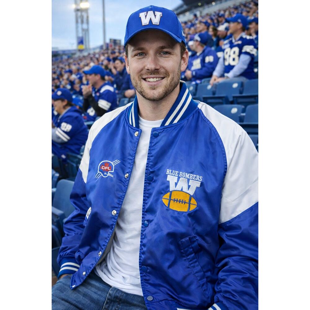 🏈 Vintage 80s Adjac CFL Winnipeg Blue Bombers Satin Bomber Jacket Mens Sz L 44